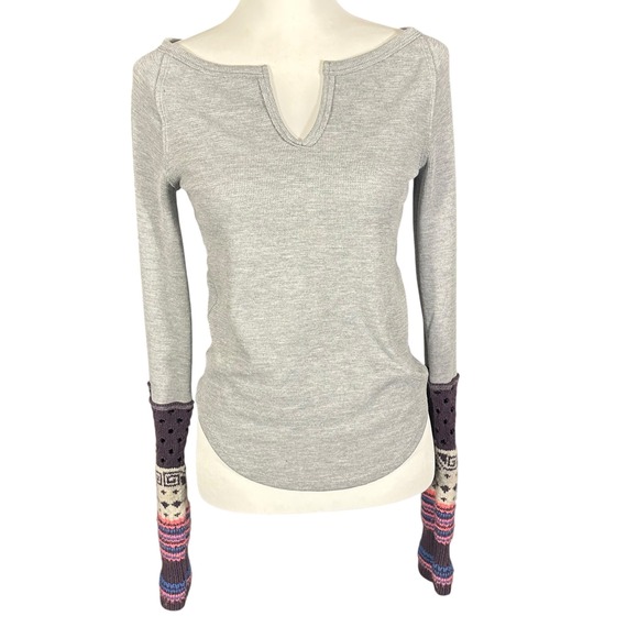 Free People We The Free Thermal Top Women's M Heather Gray Combo Cozy Craft Cuff - Picture 3 of 9